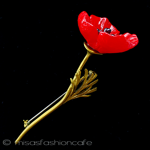 （画像用） 真珠の花ブローチ 赤いポピーフラワー