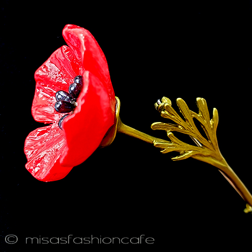 （画像用） 真珠の花ブローチ 赤いポピーフラワー