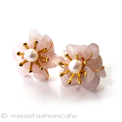 （画像用） 真珠・天然石お花ピアス ローズ・クオーツの薔薇