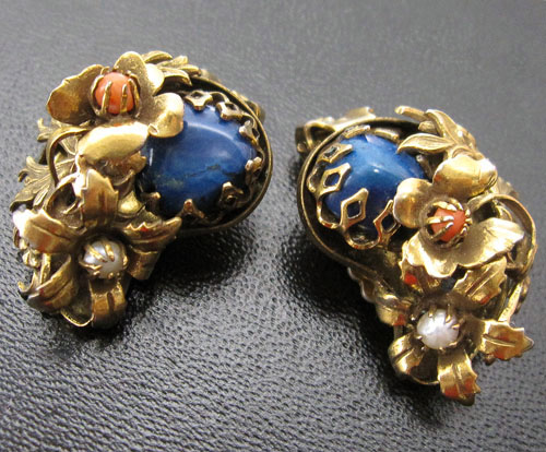 （画像用） 真珠ラピス珊瑚の花イヤリング