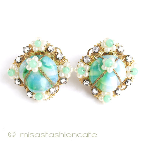 （画像用） パール＆グリーンガラス　 フラワー　イヤリング