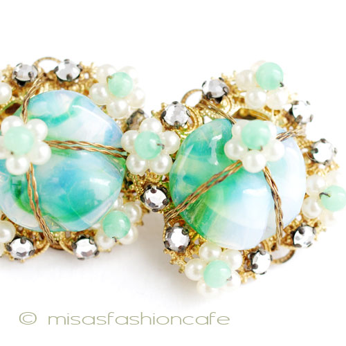 （画像用） パール＆グリーンガラス　 フラワー　イヤリング