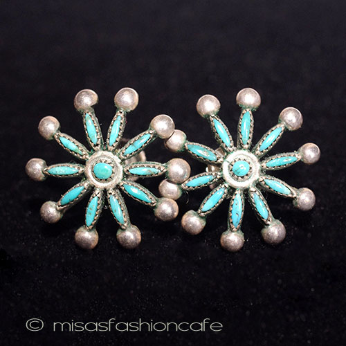 （画像用） ターコイズ・銀製の花 Sterling　イヤリング 