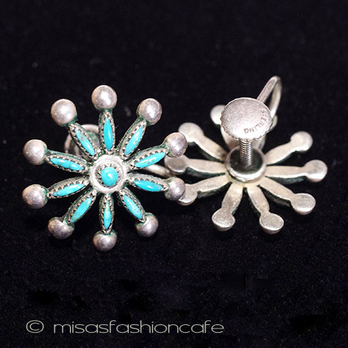 （画像用） ターコイズ・銀製の花 Sterling　イヤリング 