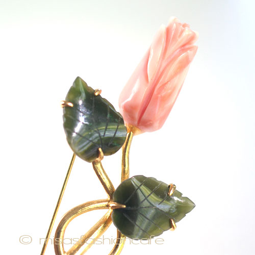 （画像用） 珊瑚・翡翠のローズ　ブローチ