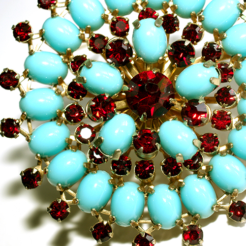 （画像用） ターコイズ＆ルビーRS フローラル　ブローチ