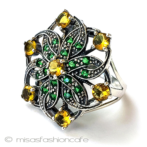 （画像用） アンティークリング　花 エメラルド＆シトリン