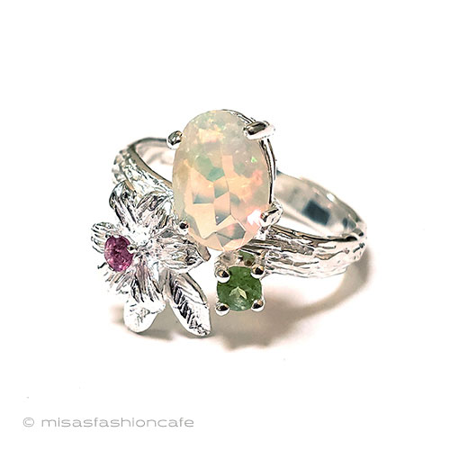 （画像用） 天然オパール花リング スターリング銀製指輪