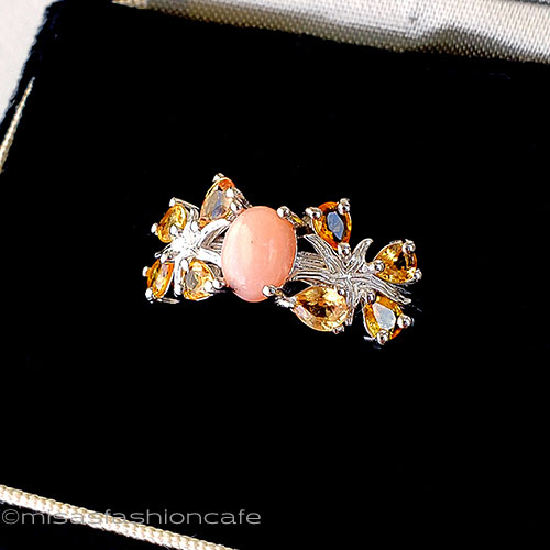 （画像用） 天然オパール・シトリン花 スターリングシルバー指輪