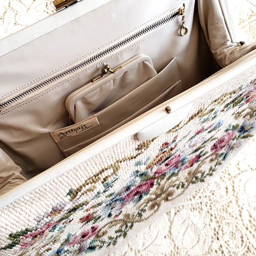 （画像用） ヴィンテージ　バッグ プチポアン花刺繍　特大！