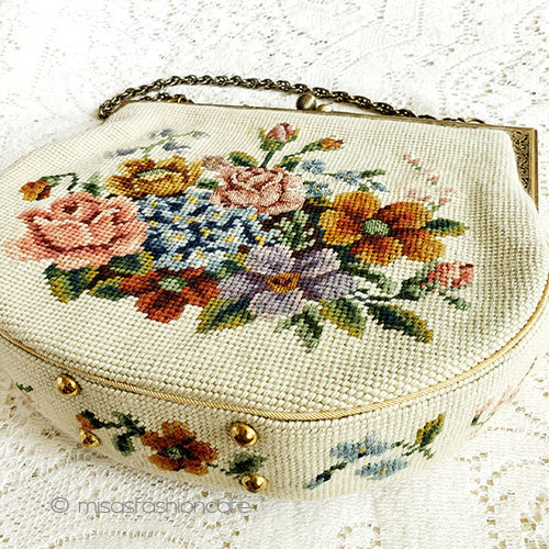（画像用） ヴィンテージバッグ（大） 花ブーケ刺繍プチポアン