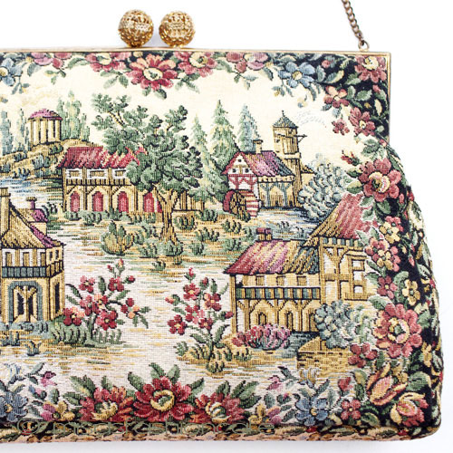 （画像用） ヴィンテージバッグ　 仏製　花と町並み刺繍