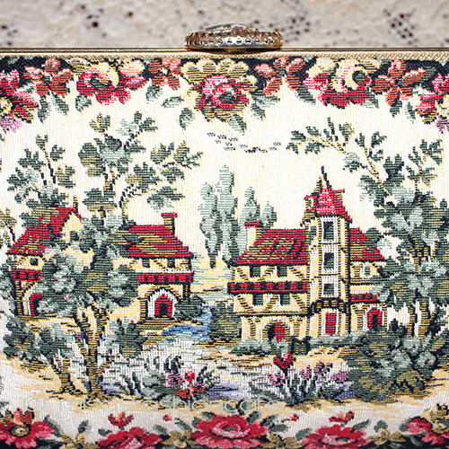 （画像用） ヴィンテージバッグ　仏製 お花と家刺繍　陶器金具