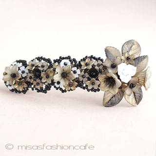 （画像用） CA/仏製　お花バレッタ 　白黒＆ゴールド