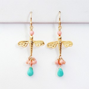 （画像用） ピアスまたはイヤリング 珊瑚ターコイズ　とんぼ