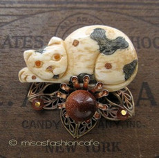 （画像用） NY ブローチ ネコ＆お花　天然石　