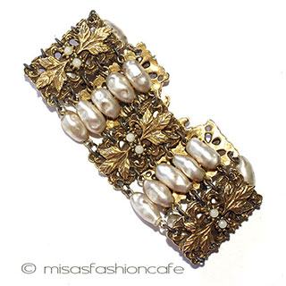 （画像用） アンティーク　ブレスレット バロックパール　金葉