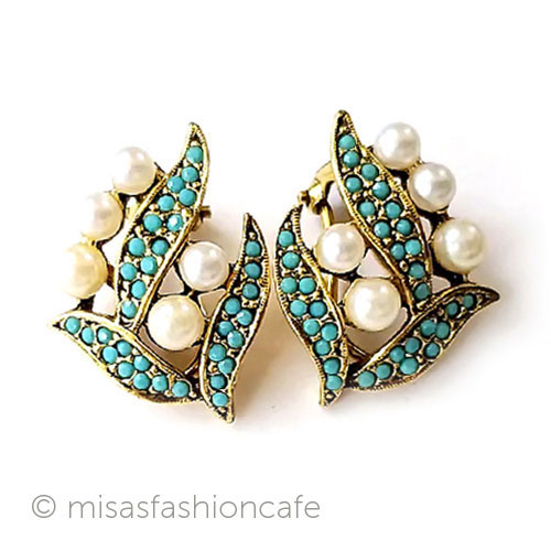 （画像用） ヴィンテージイヤリング パール花ターコイズ
