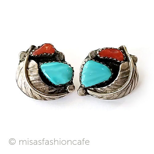 （画像用） アンティークイヤリング 珊瑚 ターコイズ 銀の羽