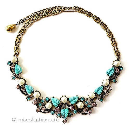 （画像用） ヴィンテージネックレス パール&ターコイズの葉