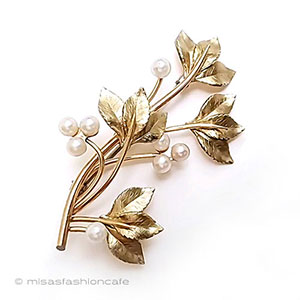 （画像用） 真珠のお花&14Kgfの葉 Krementz刻印ブローチ