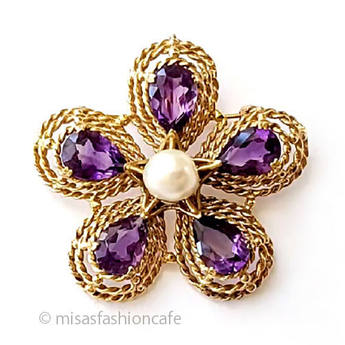 （画像用） アンティークジュエリー 真珠とアメジストの金花