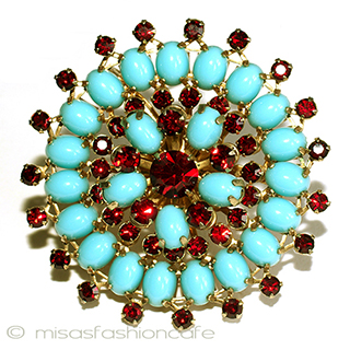 （画像用） ターコイズ＆ルビーRS フローラル　ブローチ