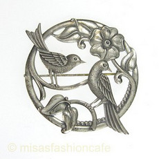 （画像用） スターリングシルバー 鳥と花　銀製ブローチ