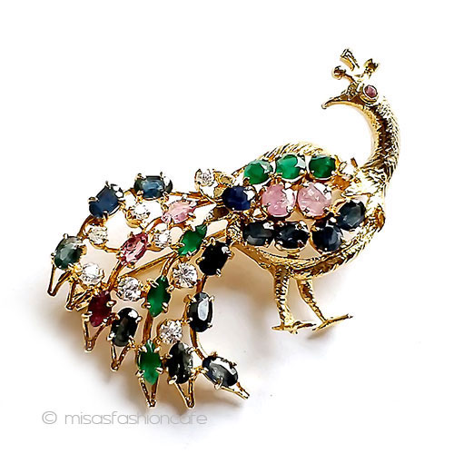 （画像用） ルビーエメラルドサファイア 孔雀クジャク鳥　ブローチ