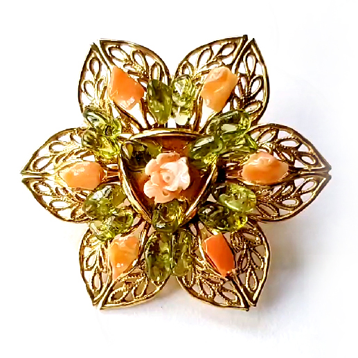 （画像用） ヴィンテージブローチ 珊瑚と天然石の花