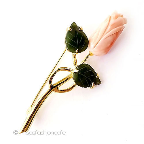 （画像用） ヴィンテージ花ブローチ 珊瑚・翡翠ローズの花