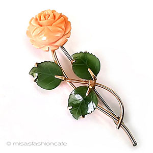 （画像用） 珊瑚・翡翠のローズ Krementz花ブローチ
