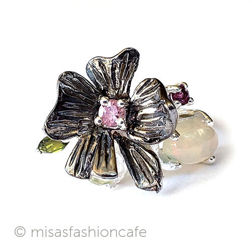 （画像用） アンティークリング指輪 オパール＆トルマリンの花