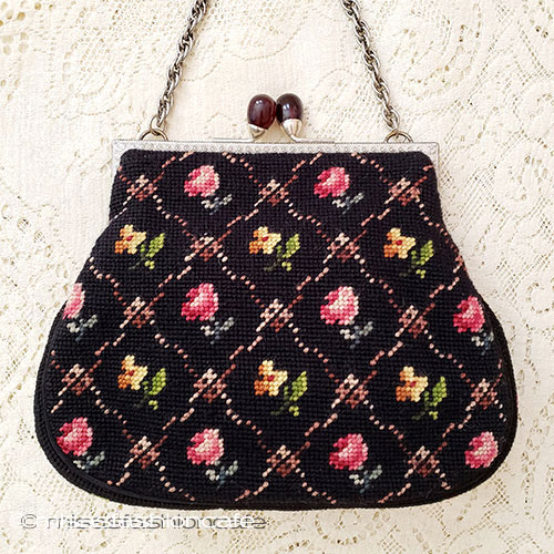 （画像用） ビンテージバッグ（大） ローズ花プチポアン刺繍