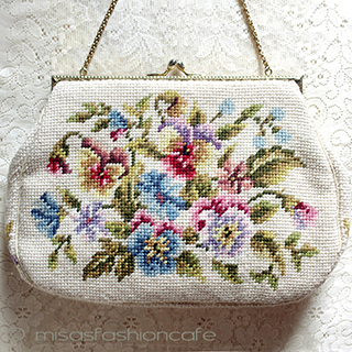 （画像用） ヴィンテージ刺繍バッグ（大） スミレのお花　プチポアン