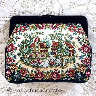 （画像用） ヴィンテージ刺繍バッグ タペストリー　お花と家