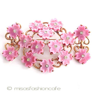 （画像用） ピンク・ガラスのお花 ブローチ＆イヤリングセット