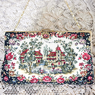 （画像用） ヴィンテージバッグ　仏製 お花と家刺繍　陶器金具