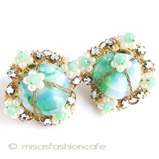 （画像用） パール＆グリーンガラス　 フラワー　イヤリング