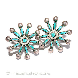 （画像用） ターコイズ・銀製の花 Sterling　イヤリング 