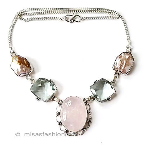 （画像用） 天然石ローズクオーツ 真珠　銀製ネックレス