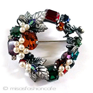 （画像用） オーストリア製　ブローチ パール＆クリスタルリース