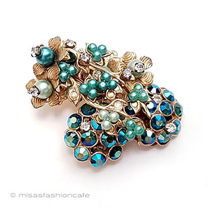 （画像用） ヴィンテージジュエリー 青緑パールRS花ブローチ