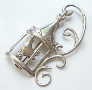 （画像用） Sterling 銀製　Lang 鳥カゴ ブローチ