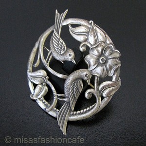 （画像用） スターリングシルバー 鳥と花　銀製ブローチ