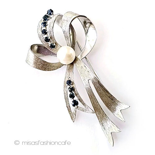 （画像用） Krementz　ブローチ 真珠サファイア14Kgfリボン