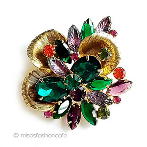 （画像用） ヴィンテージブローチ カラーストーン＆金葉