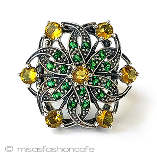 （画像用） アンティークリング　花 エメラルド＆シトリン