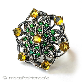 （画像用） アンティークリング　花 エメラルド＆シトリン