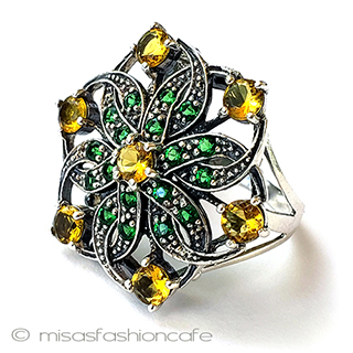 （画像用） アンティークリング　花 エメラルド＆シトリン